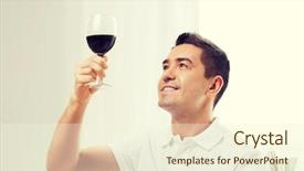  Presentation with drinking glass - Slide set featuring free evaluation - happy man drinking red wine background and a  colored foreground