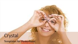  Presentation with looking up at trees from ground - Presentation theme with free eye - young redheaded woman imitating background and a coral colored foreground