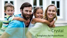  Presentation with children parents - PPT theme enhanced with free family - happy parents piggybacking children outside background and a mint green colored foreground