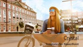  Presentation with cheerful stylish city girl using - Theme consisting of free fashion - young stylish woman background and a gold colored foreground