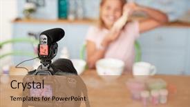  Presentation with video - PPT layouts featuring young girl video blogging background and a coral colored foreground