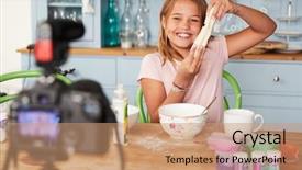  Presentation with video - Amazing PPT layouts having film free - young girl video blogging backdrop and a  colored foreground