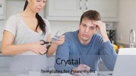  Presentation with credit card - Presentation theme having free finance - disappointed woman cutting background and a seafoam green colored foreground