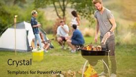  Presentation with cookout bbq grill and glowing - Amazing PPT theme having free fire - guy put firewood in grill backdrop and a yellow colored foreground