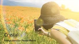  Presentation with yellow and teal design no picture - Slides having daylily flower - asian woman taking a picture background and a yellow colored foreground