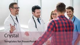  Presentation with physician - Presentation design with free general - physician ready to examine patient background and a coral colored foreground