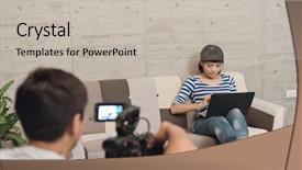  Presentation with asian ghosts - Colorful slide deck enhanced with free global warming - asian woman using laptop recording backdrop and a soft green colored foreground