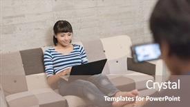  Presentation with asian war - Cool new slide deck with free global warming - asian woman using laptop recording backdrop and a coral colored foreground