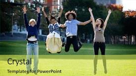  Presentation with focus group - PPT theme enhanced with free graduation - group of happy people running background and a yellow colored foreground