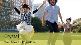  Presentation with big group people - Slide deck consisting of free graduation - group of people jumping background and a yellow colored foreground