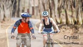  Presentation with athletes - Cool new PPT layouts with free helment - athletes in helmets on bicycles backdrop and a  colored foreground