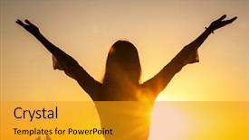  Presentation with sea sun - PPT theme featuring free happy woman raising arms background and a gold colored foreground