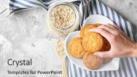  Presentation with cookie - Presentation design with free heart shape background - woman taking oatmeal cookie background and a  colored foreground
