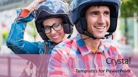 Presentation with smiling paramedic sitting in ambulance - PPT theme featuring free helment - smiling girl with glasses sitting background and a coral colored foreground