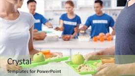  Presentation with free helping hand - PPT layouts enhanced with free helping hand - man and woman holding trays background and a mint green colored foreground