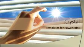  Presentation with element - Amazing PPT theme having free clouds designs - hand open the jalousie element backdrop and a coral colored foreground