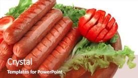  Presentation with white plate - Presentation design with free hot dog - grilled sausages served on wooden background and a crimson colored foreground