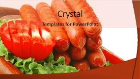  Presentation with border organic vegetables on wood - Slide deck enhanced with free hot dog - grilled sausages served on wooden background and a  colored foreground