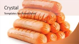  Presentation with free dog - PPT theme consisting of free hot dog - pyramid of grilled beef sausages background and a coral colored foreground