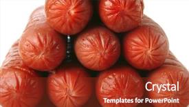  Presentation with free dog - Presentation theme featuring free hot dog - pyramid of grilled beef sausages background and a  colored foreground