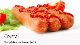  Presentation with free dog - Audience pleasing PPT theme consisting of free hot dog - row of three sausages served backdrop and a sky blue colored foreground