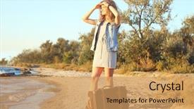  Presentation with business woman standing on maze - Cool new presentation theme with free journey line - young woman with suitcase standing backdrop and a  colored foreground