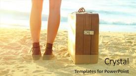  Presentation with suitcase - Amazing slides having free journey line - young woman with suitcase standing backdrop and a  colored foreground