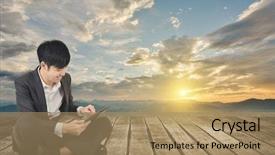  Presentation with korean - Colorful PPT theme enhanced with free korean background - asian business man using pad backdrop and a coral colored foreground