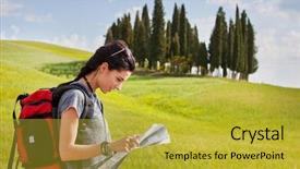  Presentation with sad woman walking - Beautiful PPT theme featuring free korean background - beautiful traveler woman carrying backpack backdrop and a  colored foreground