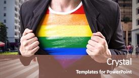  Presentation with rainbow flag - Presentation design having free lgbt - businessman stretching suit with rainbow background and a coral colored foreground