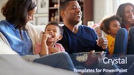  Presentation with living room family - Presentation design with 3 sisters - three generation african american family background and a ocean colored foreground