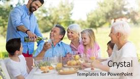  Presentation with extended family - Presentation theme featuring free lunch - extended family eating outdoors background and a soft green colored foreground