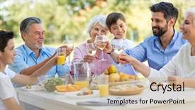  Presentation with extended family - Slide set with free lunch - extended family eating outdoors background and a coral colored foreground