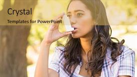  Presentation with inhaler - Presentation with free medical - pretty brunette using inhaler background and a yellow colored foreground