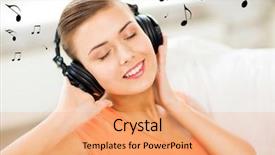  Presentation with headphones - PPT layouts having free music - happy and smiling woman background and a coral colored foreground