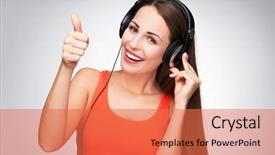  Presentation with headphones - Slide deck with free music - woman with headphones showing thumbs background and a  colored foreground