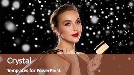  Presentation with christmas sale - Cool new presentation theme with people luxury christmas holidays and sale concept - beautiful woman with credit card and shopping bags over black background and snow backdrop and a tawny brown colored foreground