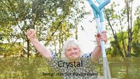  Presentation with rehab clinic - Beautiful slide set featuring free nursing - cheering senior woman with crutches backdrop and a gold colored foreground