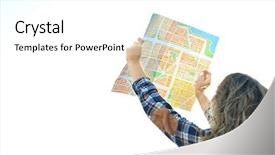  Presentation with direction - Beautiful PPT theme featuring woman searching direction on map backdrop and a  colored foreground