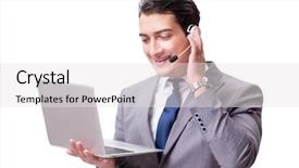  Presentation with call center - Presentation design featuring free outsourcing - call center employee isolated background and a  colored foreground