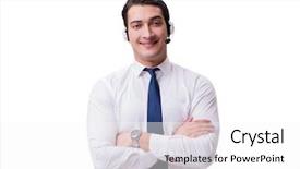  Presentation with old wite man and his music - Colorful slide deck enhanced with free outsourcing - handsome man with headset isolated backdrop and a  colored foreground