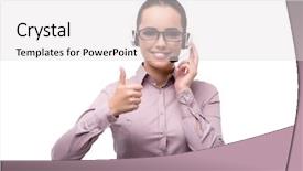  Presentation with call center - PPT theme consisting of free outsourcing - young call center operator isolated background and a light gray colored foreground