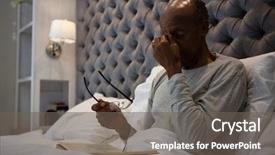  Presentation with blue eyes technology eye scan - Slides having free pain - tired senior man massaging eyes background and a gray colored foreground