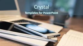  Presentation with panelist table microphones - Cool new presentation theme with free pencils - cellphone and laptop backdrop and a ocean colored foreground