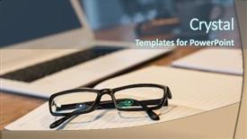  Presentation with nobody - PPT theme enhanced with free pencils - glasses and laptop background and a ocean colored foreground