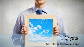  Presentation with rustic wood wooden frame - PPT theme enhanced with smiling businessman holding wooden frame background and a  colored foreground