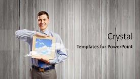  Presentation with antique picture frame - Amazing PPT layouts having smiling businessman holding wooden frame backdrop and a  colored foreground