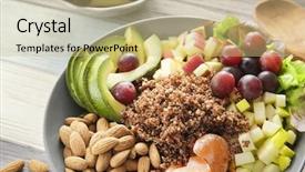  Presentation with almonds - Presentation theme having free piece - plate with quinoa fruits background and a coral colored foreground