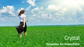  Presentation with business in green - Beautiful PPT layouts featuring free portfolio - business woman walk on green backdrop and a forest green colored foreground