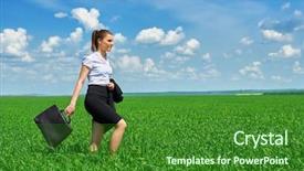  Presentation with business in green - Colorful PPT theme enhanced with free portfolio - business woman walk on green backdrop and a  colored foreground